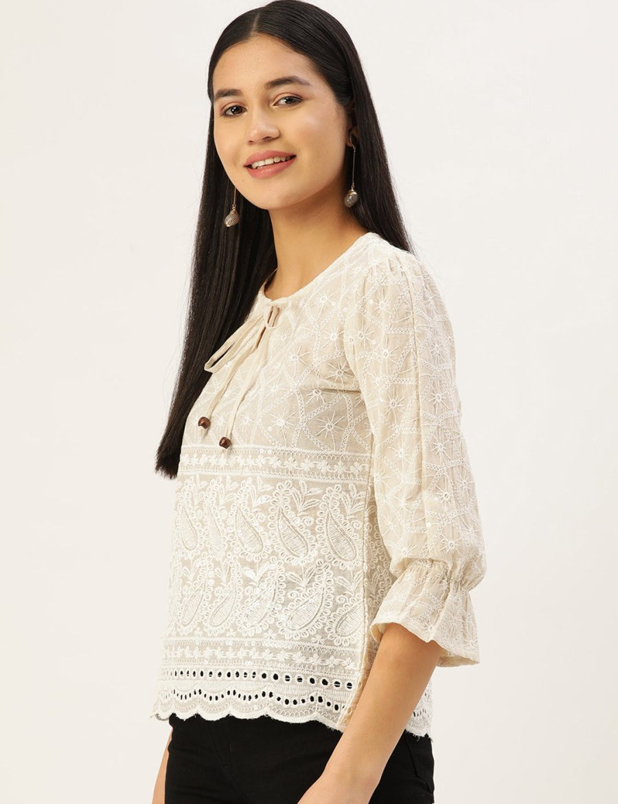 Chikankari Sequen Work Empire Women Top - JNT_2005Cream_XS