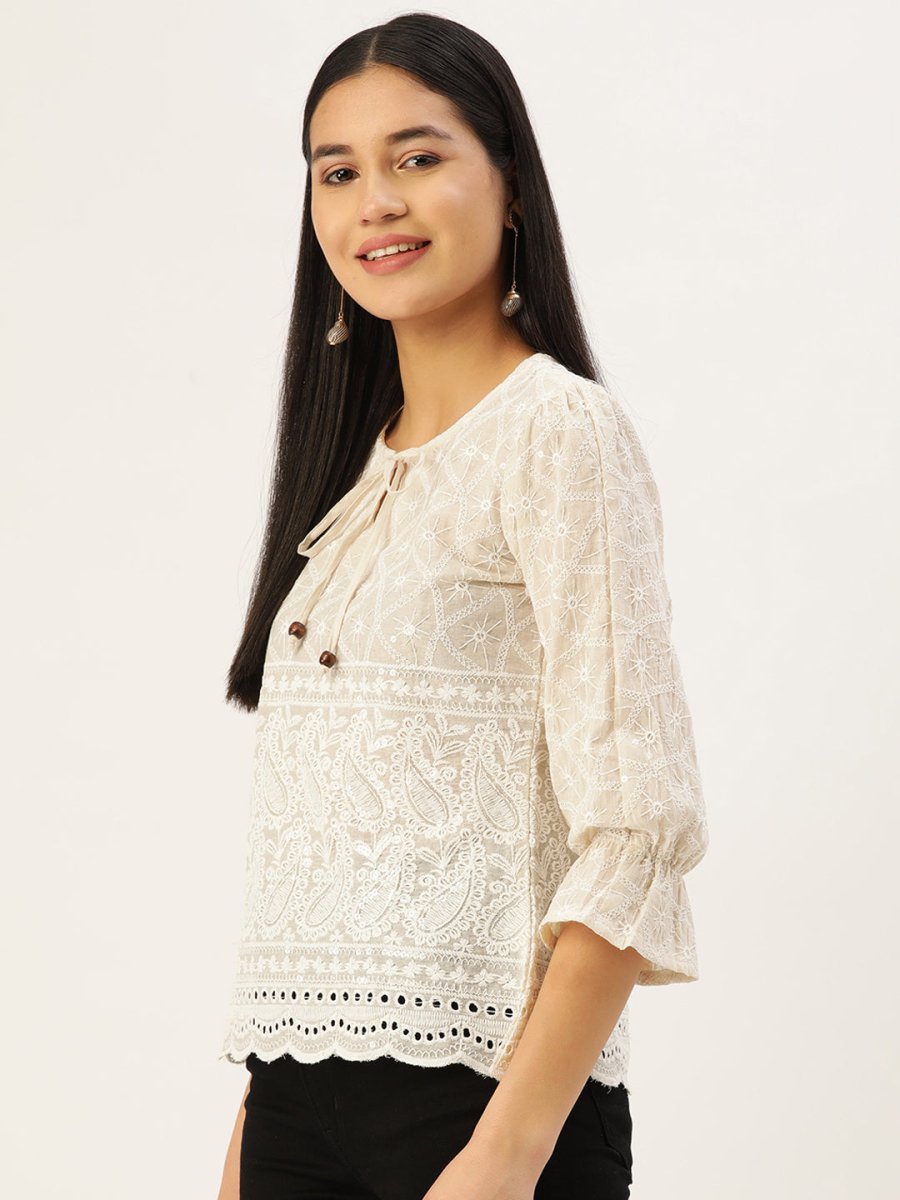 Chikankari Sequen Work Empire Women Top - JNT_2005Cream_XS