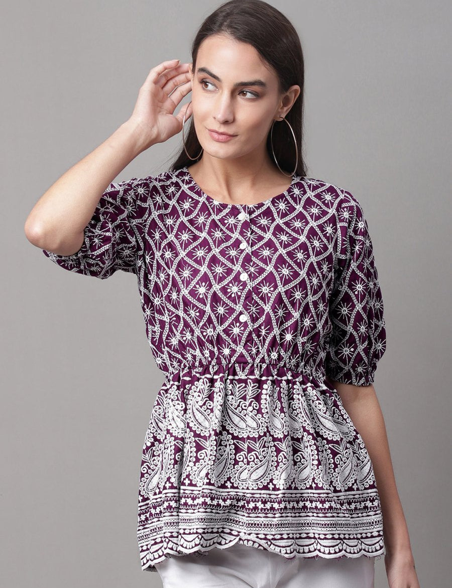 Chikankari Sequen Work Empire Women Top - JNT_2003Purple_XS