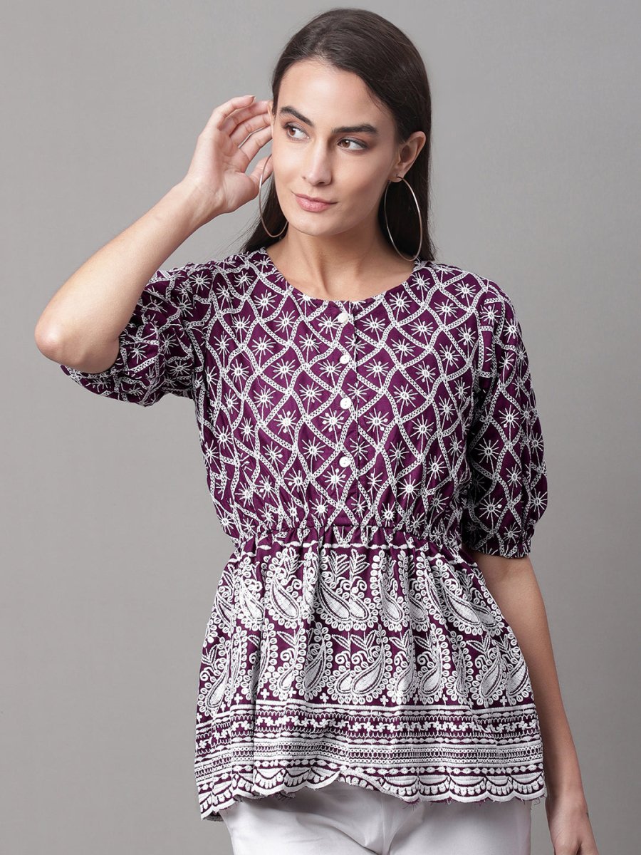 Chikankari Sequen Work Empire Women Top - JNT_2003Purple_XS