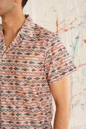 Classic Peach Printed Spread Collar Short Sleeves Cotton Casual Shirt - SF_939Peach_S