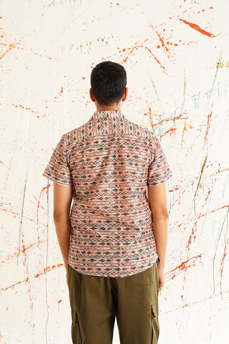 Classic Peach Printed Spread Collar Short Sleeves Cotton Casual Shirt - SF_939Peach_S