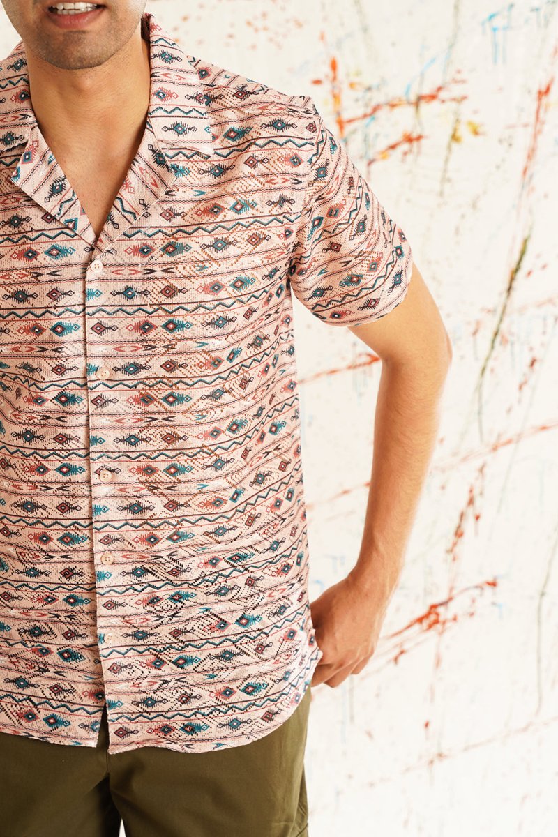 Classic Peach Printed Spread Collar Short Sleeves Cotton Casual Shirt - SF_939Peach_S
