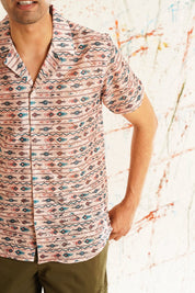 Classic Peach Printed Spread Collar Short Sleeves Cotton Casual Shirt - SF_939Peach_S