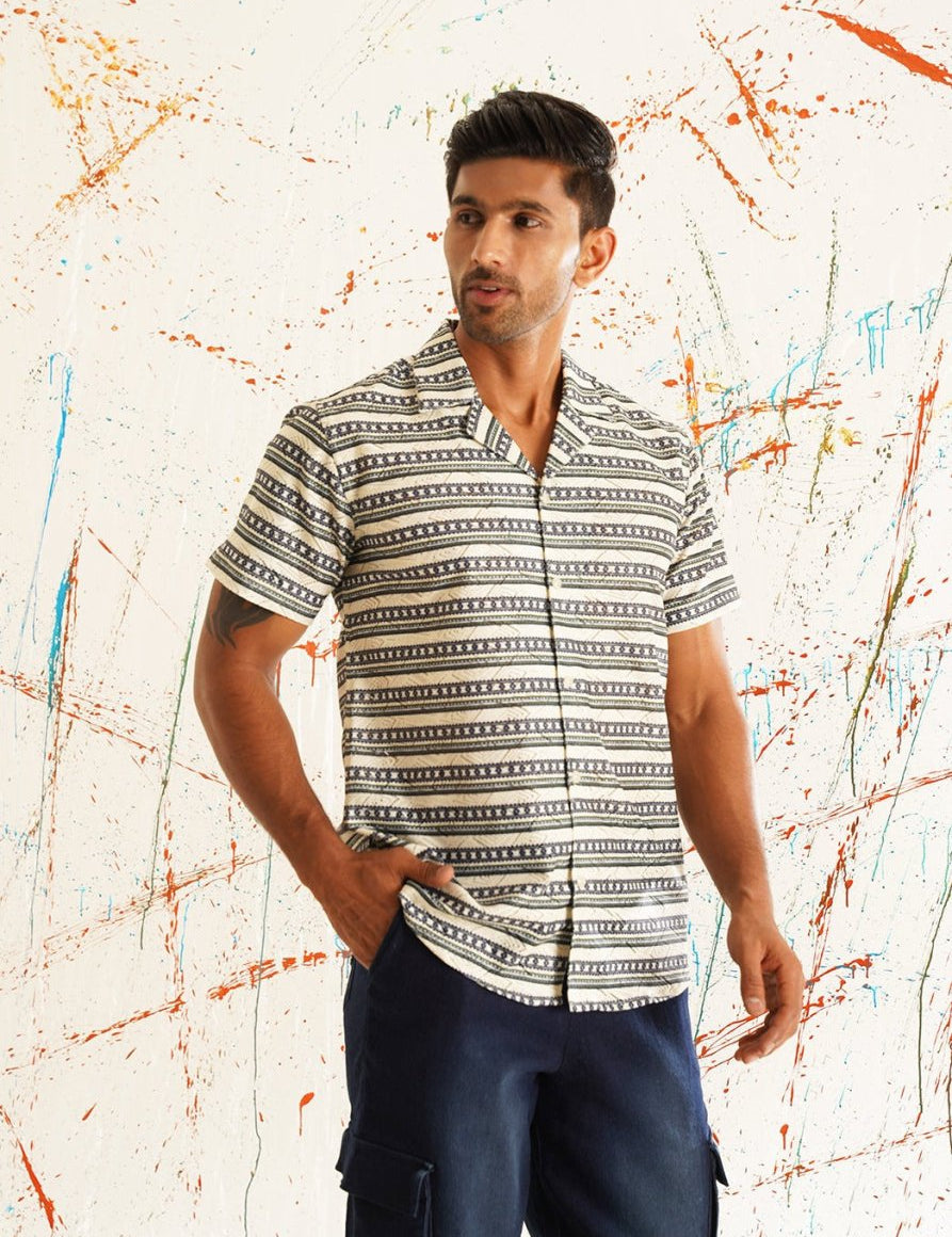 Classic Printed Spread Collar Short Sleeves Cotton Casual Shirt - SF_939Grey_S