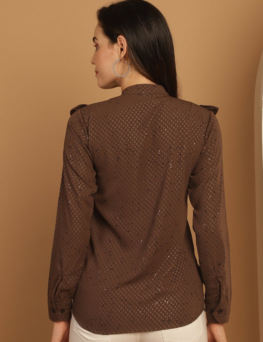 Coffee Brown Woven Design Frill Top - JNT_2025Coffee_XS
