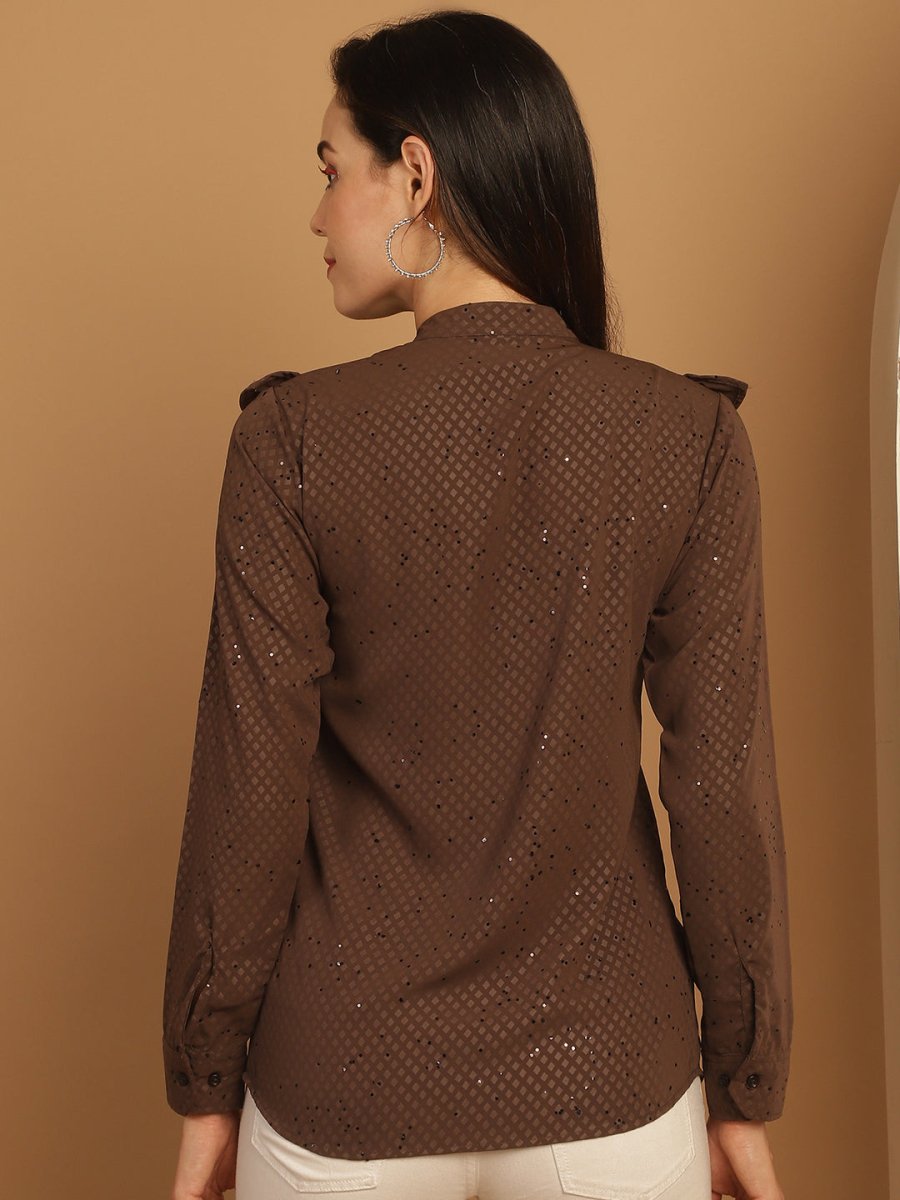 Coffee Brown Woven Design Frill Top - JNT_2025Coffee_XS