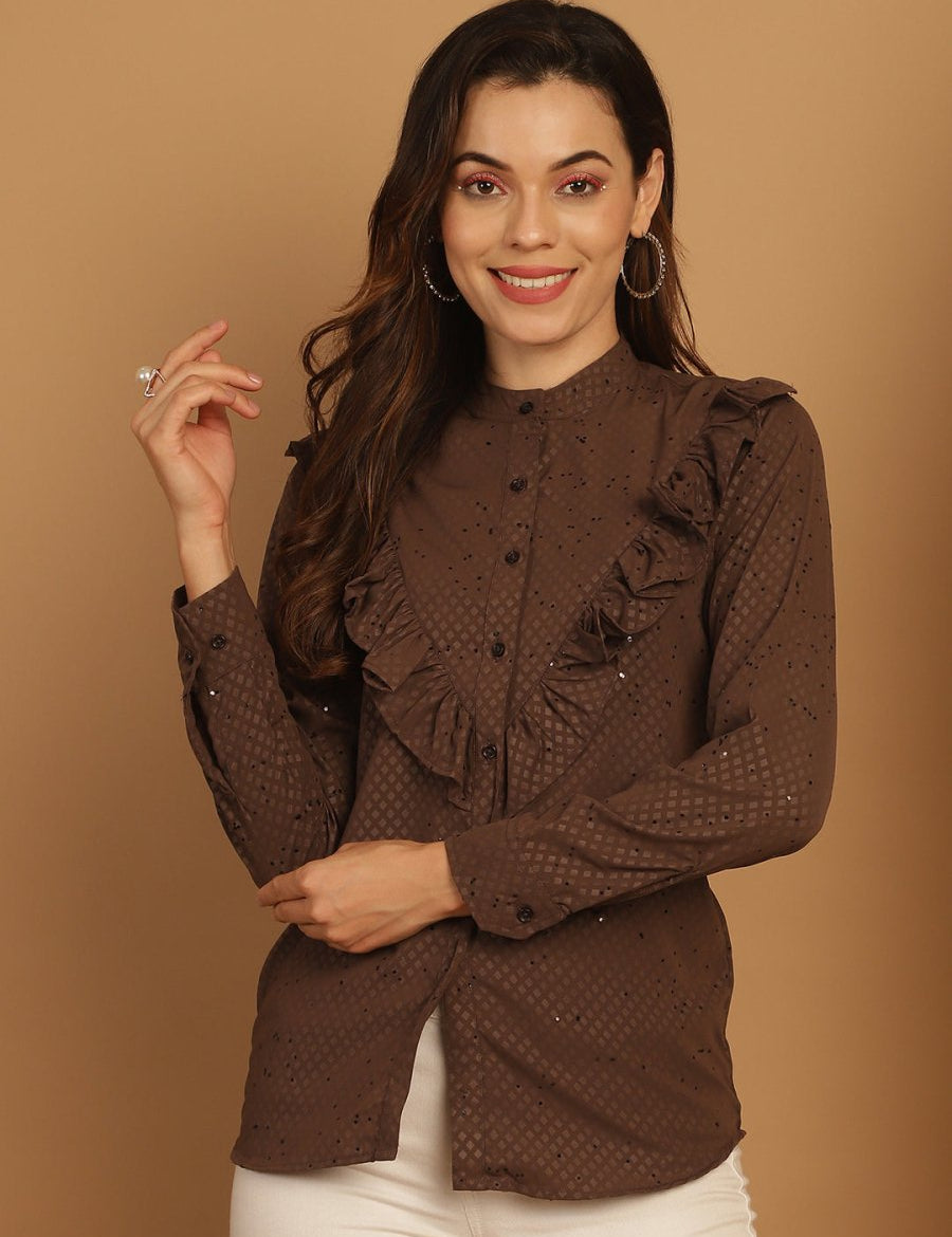 Coffee Brown Woven Design Frill Top - JNT_2025Coffee_XS