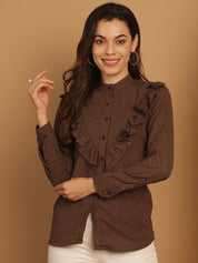 Coffee Brown Woven Design Frill Top - JNT_2025Coffee_XS