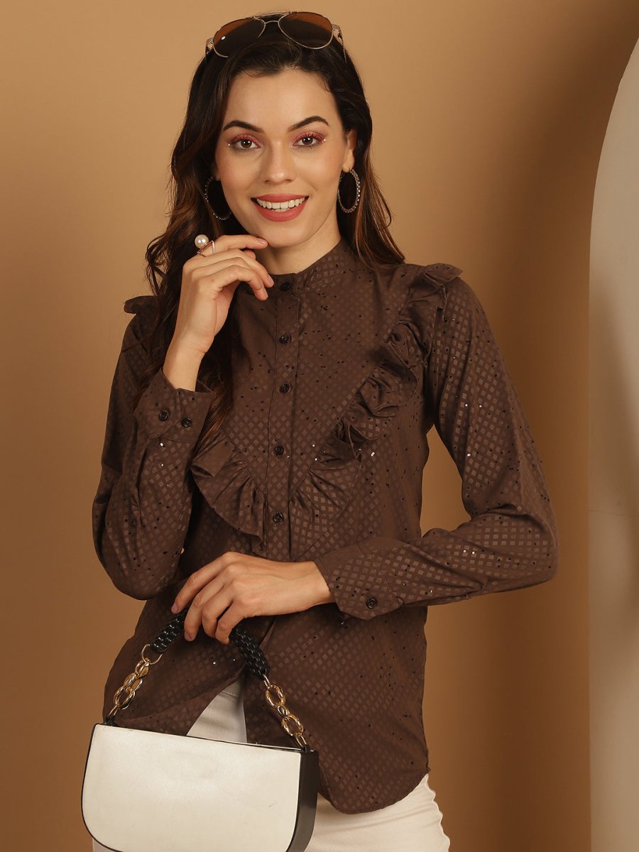 Coffee Brown Woven Design Frill Top - JNT_2025Coffee_XS