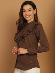 Coffee Brown Woven Design Frill Top - JNT_2025Coffee_XS