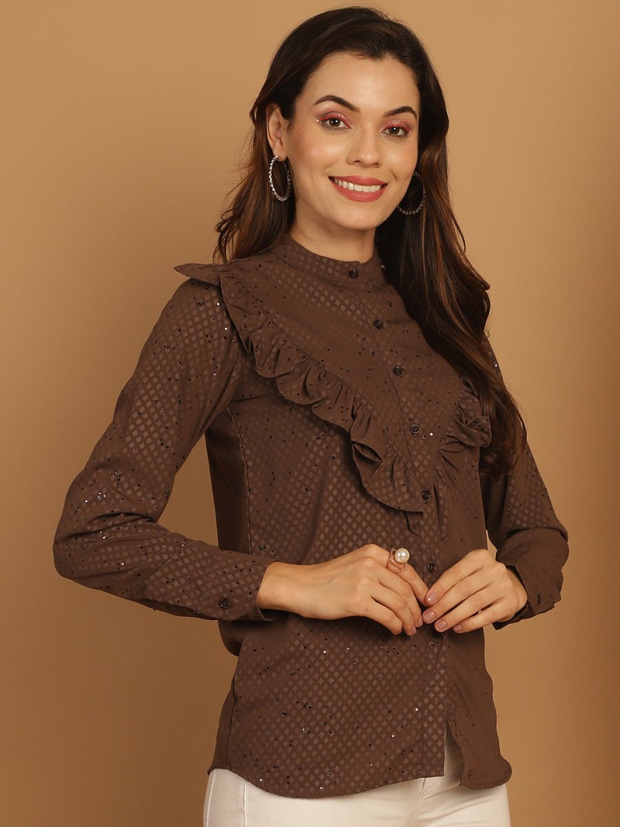 Coffee Brown Woven Design Frill Top - JNT_2025Coffee_XS