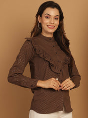Coffee Brown Woven Design Frill Top - JNT_2025Coffee_XS