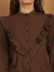 Coffee Brown Woven Design Frill Top - JNT_2025Coffee_XS