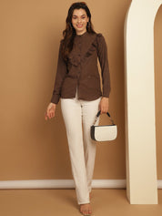Coffee Brown Woven Design Frill Top - JNT_2025Coffee_XS
