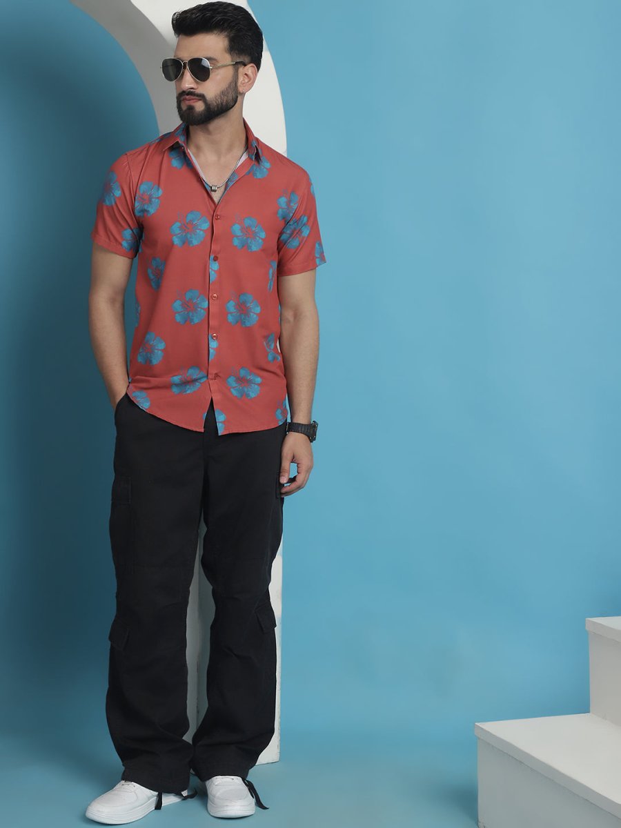 Coral Printed Party Shirt for Men - SF_934Coral_S
