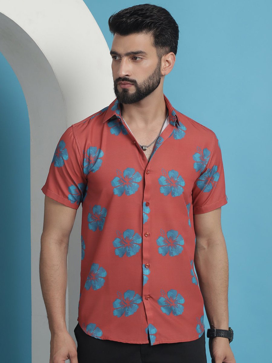 Coral Printed Party Shirt for Men - SF_934Coral_S