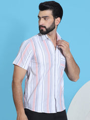 Coral Striped Half Sleeve Shirt for Men - SF_952Coral_S