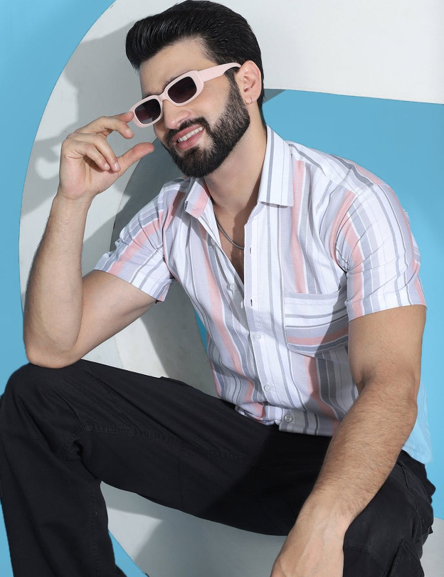 Coral Striped Half Sleeve Shirt for Men - SF_952Coral_S
