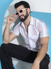 Coral Striped Half Sleeve Shirt for Men - SF_952Coral_S