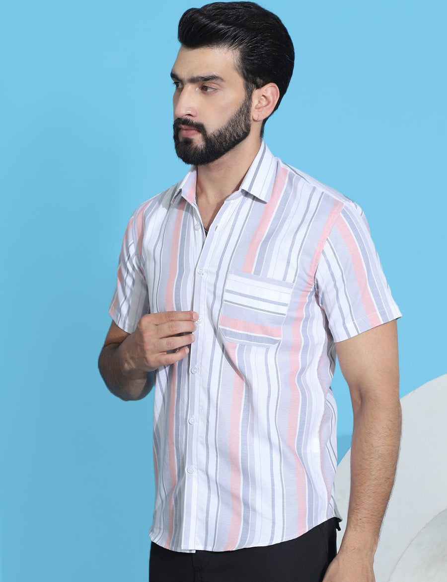 Coral Striped Half Sleeve Shirt for Men - SF_952Coral_S