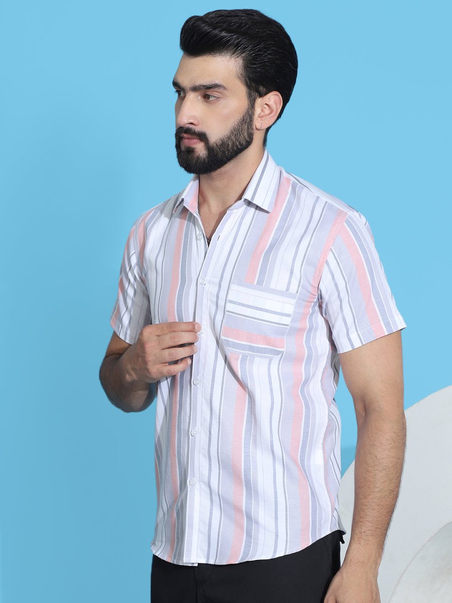 Coral Striped Half Sleeve Shirt for Men - SF_952Coral_S