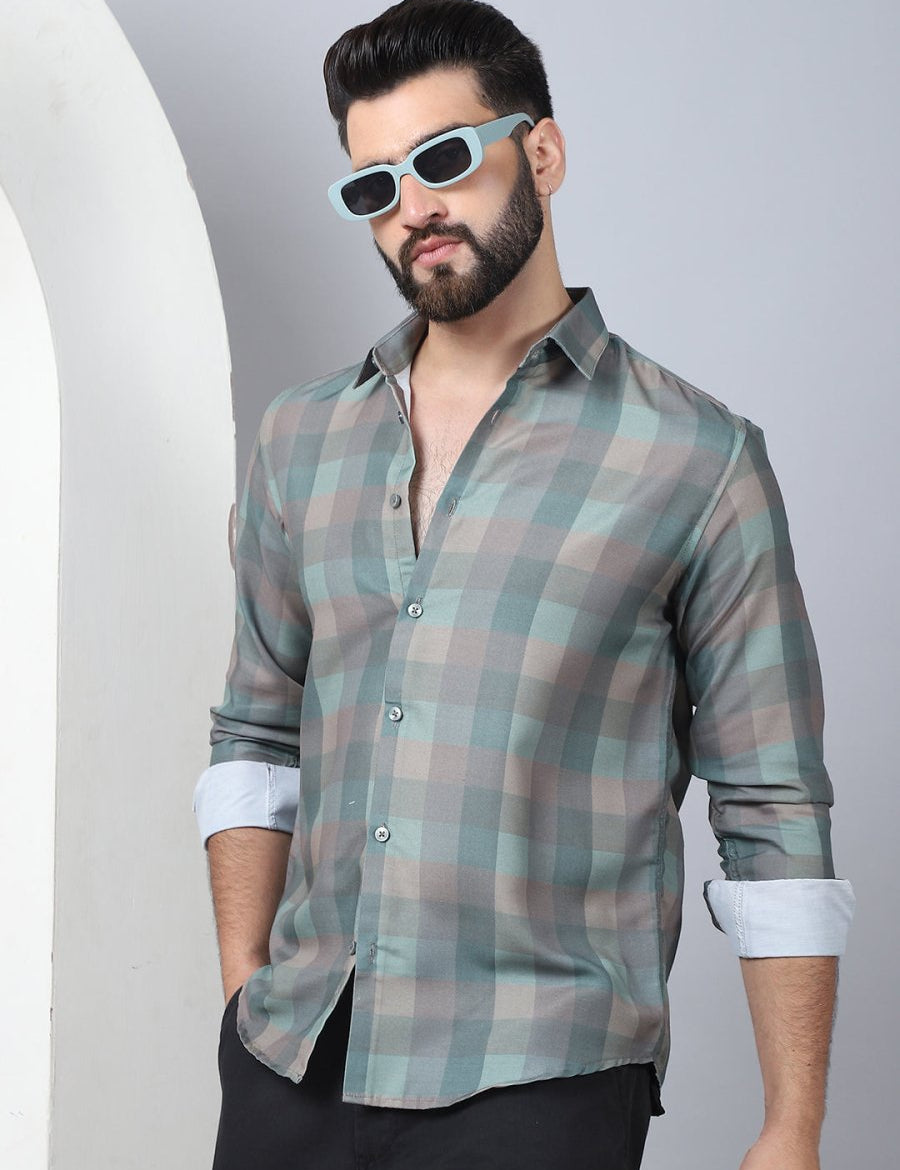 Cotton Blend Checked Casual Shirt for Mens - SF_888Green_S