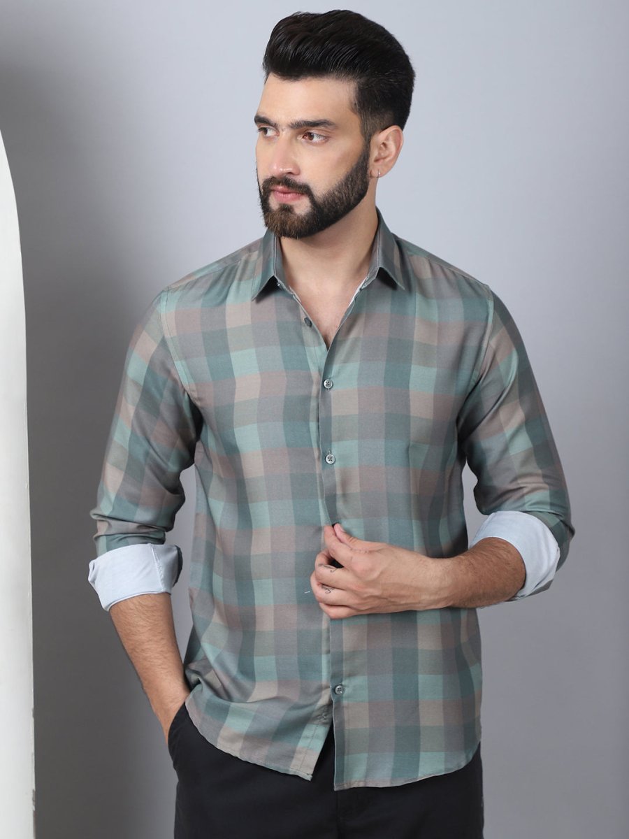 Cotton Blend Checked Casual Shirt for Mens - SF_888Green_S