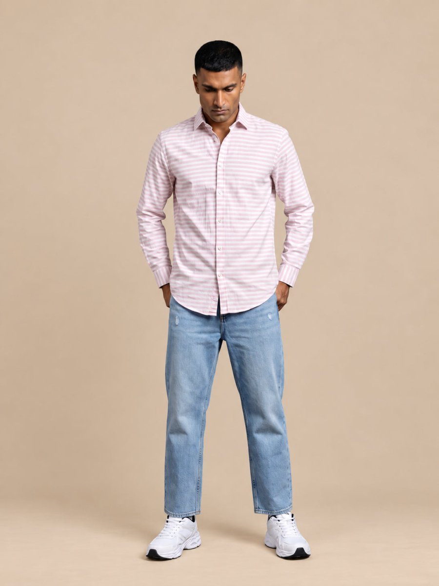 Cotton Blend Classic Striped Casual Shirt - SF_061Pink_S