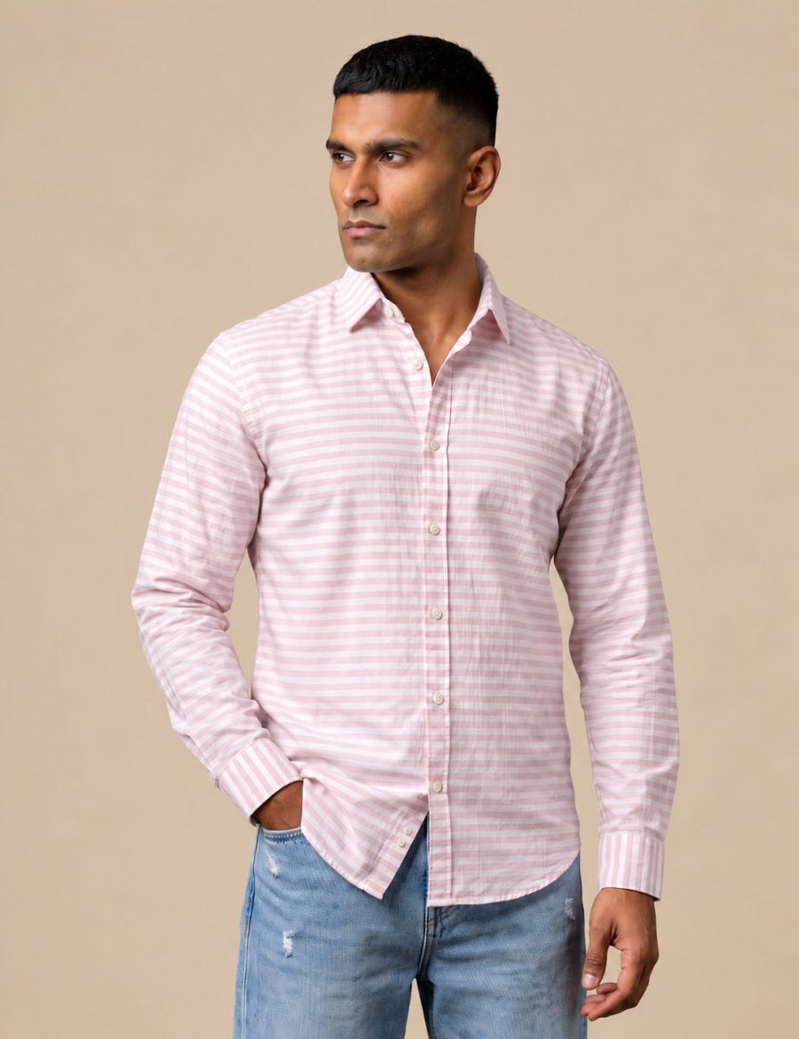Cotton Blend Classic Striped Casual Shirt - SF_061Pink_S