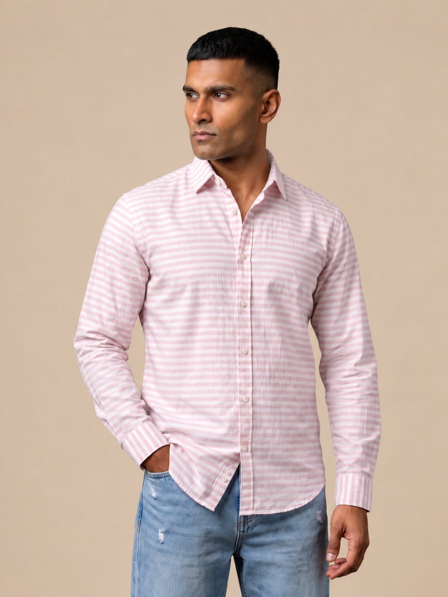 Cotton Blend Classic Striped Casual Shirt - SF_061Pink_S