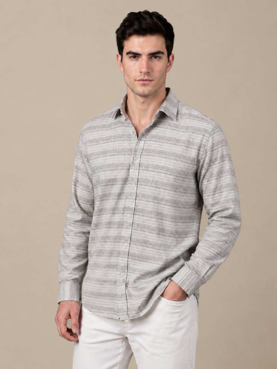 Cotton Blend Classic Striped Casual Shirt - SF_069Brown_S