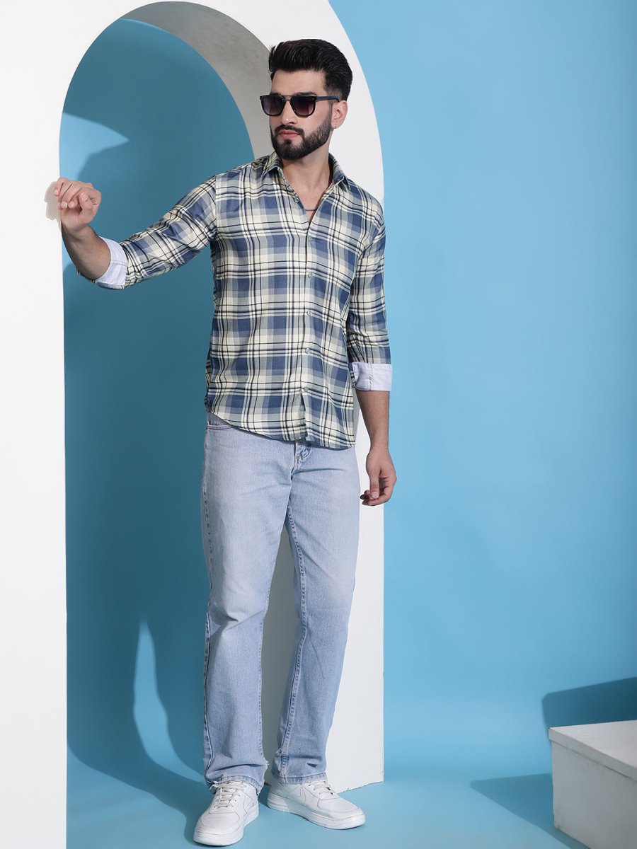 Cream Checked Cotton Casual Shirt for Men - SF_942Cream_S
