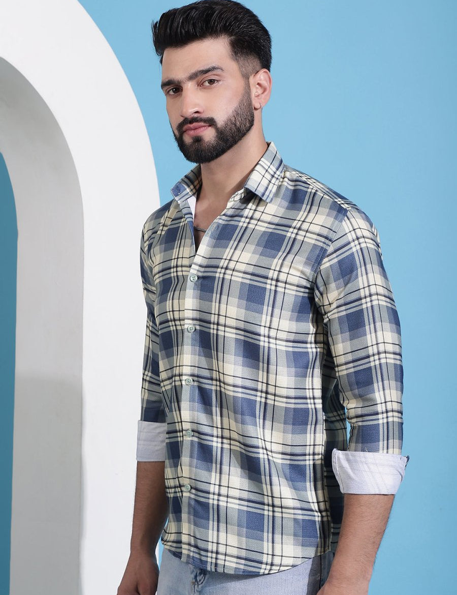 Cream Checked Cotton Casual Shirt for Men - SF_942Cream_S