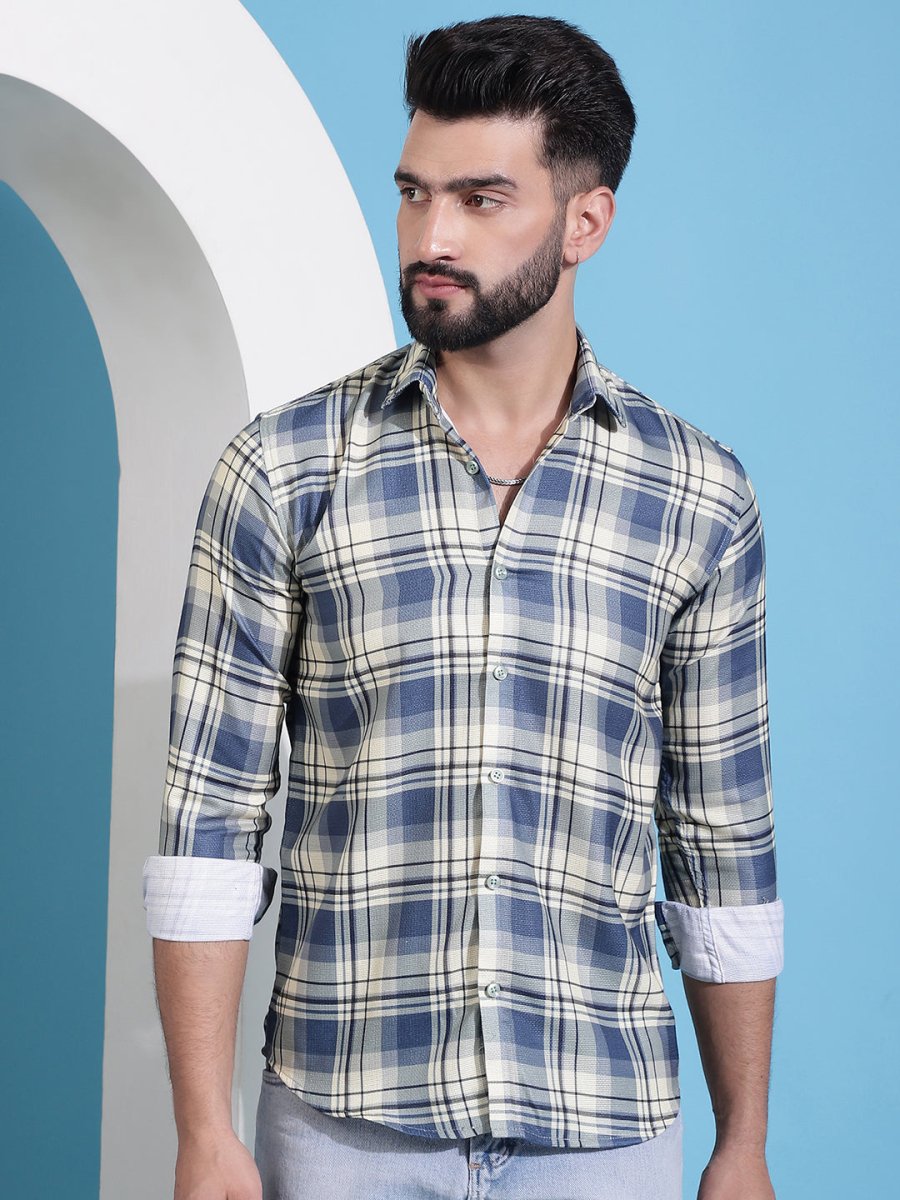 Cream Checked Cotton Casual Shirt for Men - SF_942Cream_S
