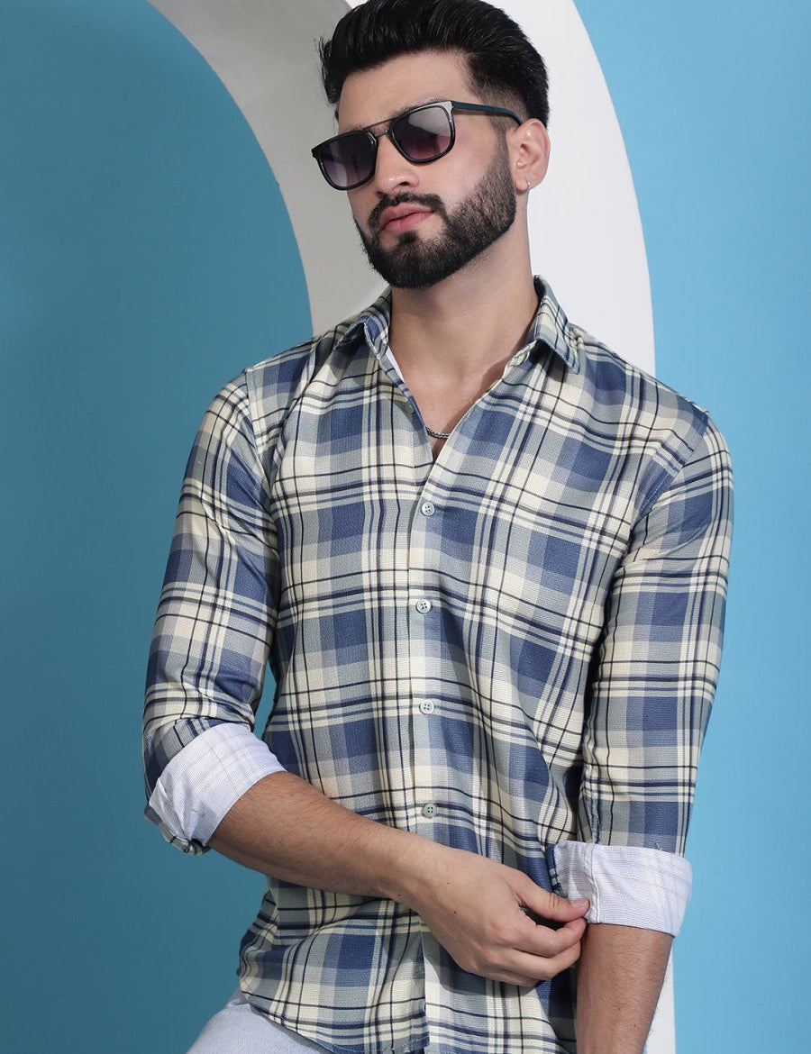 Cream Checked Cotton Casual Shirt for Men - SF_942Cream_S