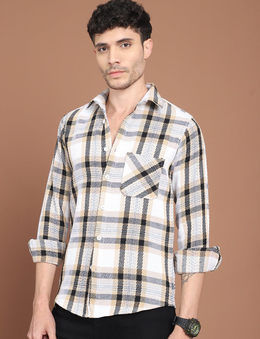 Cream Checked Cotton Shirt for Men - SF_9032Cream_S