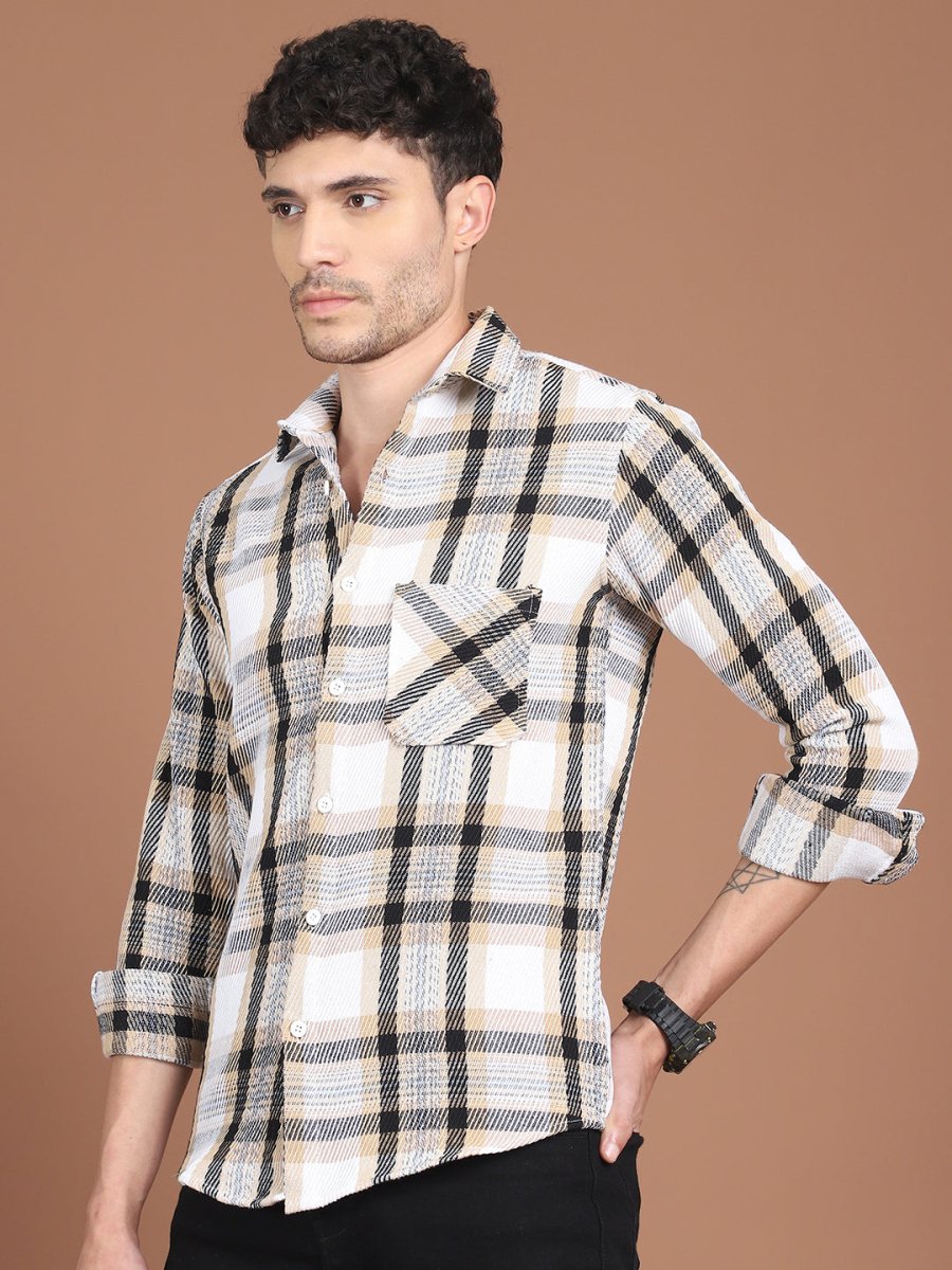 Cream Checked Cotton Shirt for Men - SF_9032Cream_S