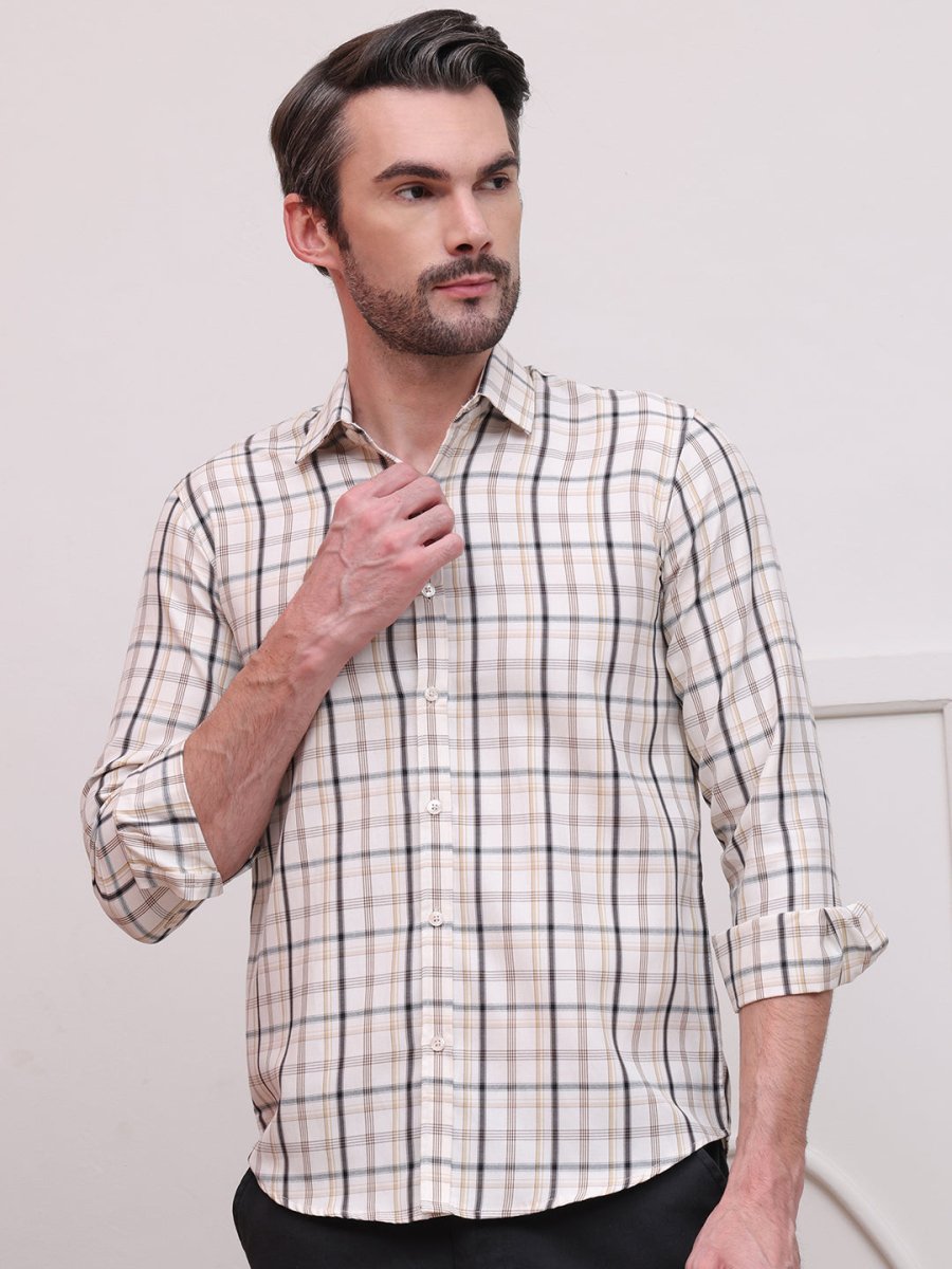 Cream Regular Fit Checks Formal Shirts for Men - SF_9007Cream_S