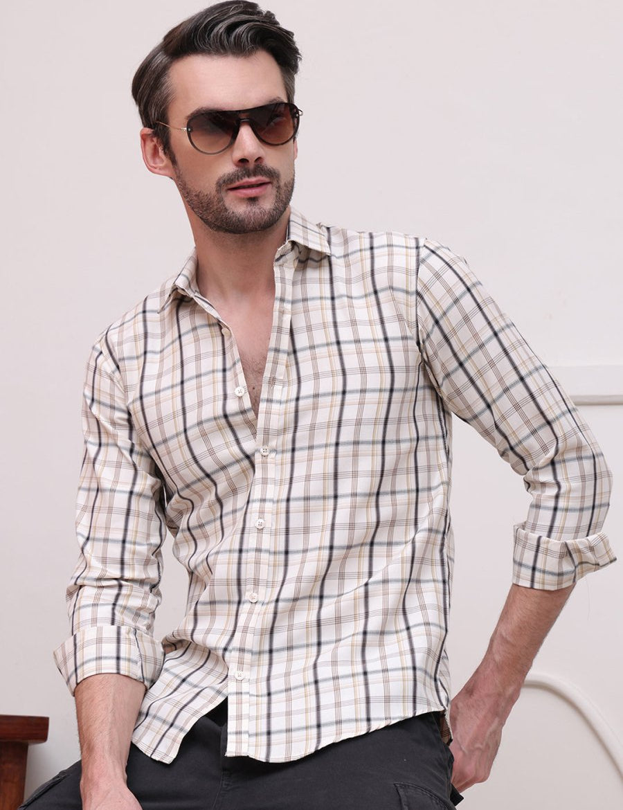 Cream Regular Fit Checks Formal Shirts for Men - SF_9007Cream_S