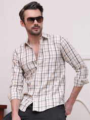 Cream Regular Fit Checks Formal Shirts for Men - SF_9007Cream_S