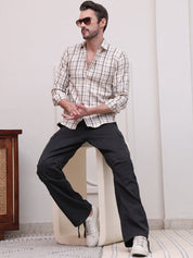 Cream Regular Fit Checks Formal Shirts for Men - SF_9007Cream_S