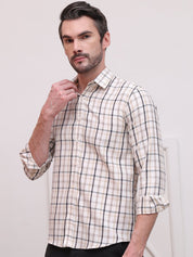 Cream Regular Fit Checks Formal Shirts for Men - SF_9007Cream_S