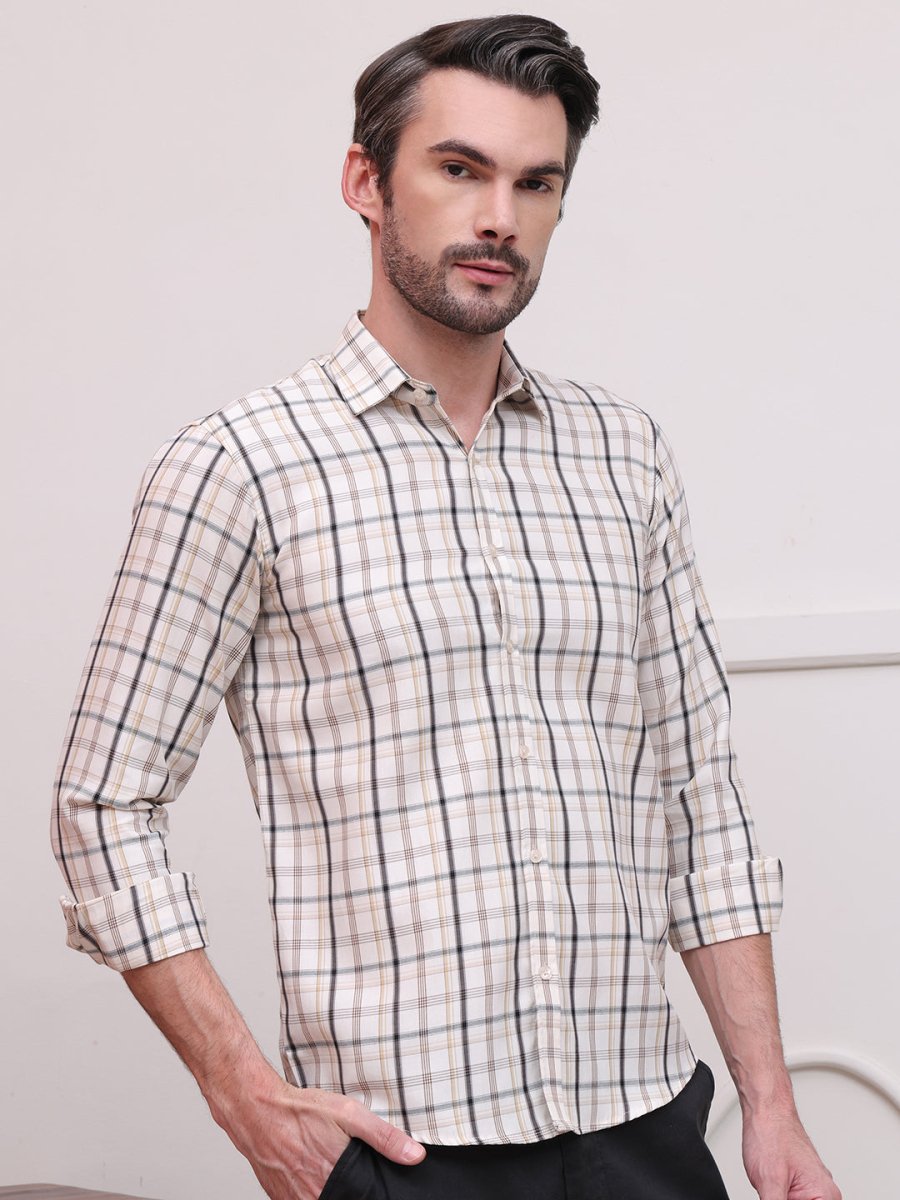Cream Regular Fit Checks Formal Shirts for Men - SF_9007Cream_S