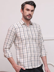 Cream Regular Fit Checks Formal Shirts for Men - SF_9007Cream_S