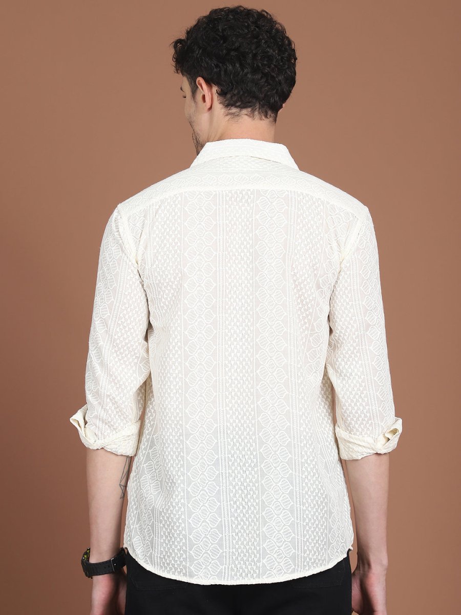 Cream Self Design Party Shirt for Men - SF_992Cream_S