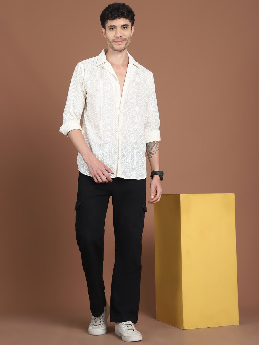 Cream Self Design Party Shirt for Men - SF_992Cream_S