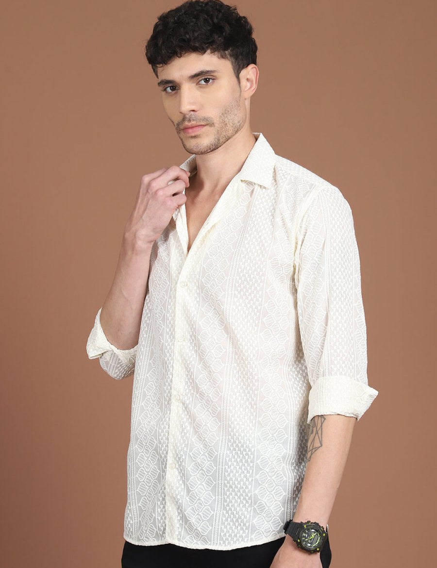 Cream Self Design Party Shirt for Men - SF_992Cream_S