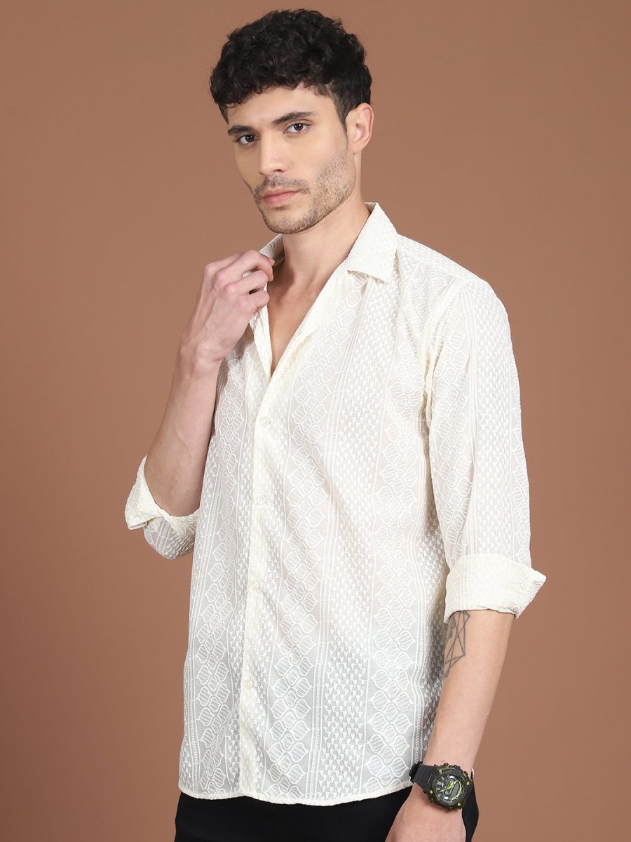 Cream Self Design Party Shirt for Men - SF_992Cream_S