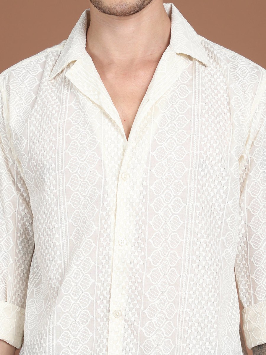 Cream Self Design Party Shirt for Men - SF_992Cream_S